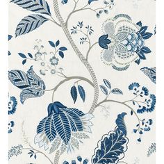 a blue and white floral wallpaper with leaves