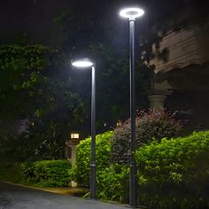 two street lights on the side of a road in front of some bushes and trees