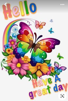 an image of a greeting card with butterflies and flowers on the front, says hello have a great day