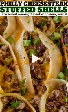 an image of stuffed shells with meat and cheese on them in a skillet, text reads philly cheesesteak stuffed shells the oldest weeknight meal with creamy creamy sauce