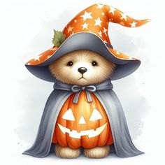 a brown teddy bear wearing a witches hat and holding a jack - o'- lantern