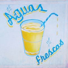 a painting of a glass of orange juice with the words aguas fresgas on it