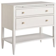 a white dresser with two drawers and one shelf on the bottom, against a white background