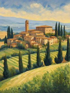 a painting of an italian village with trees and fields in the foreground, on a sunny day