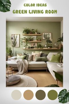 a living room with green walls and plants on the wall, in shades of neutrals