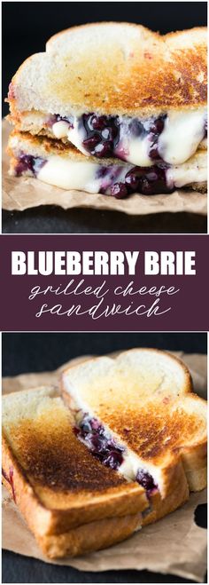 blueberry brie grilled cheese sandwich on parchment paper with the words, blueberry brie