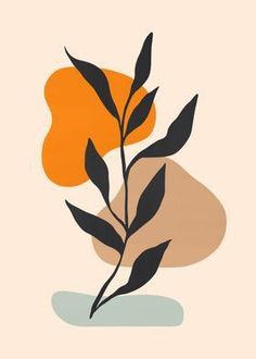 an orange flower with black leaves on a pink and beige background is featured in this minimalist art print