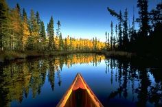 a canoe is sitting on the water near some trees