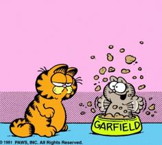 garfield the cat is eating out of a bowl with another cartoon character in front of him