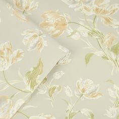 an image of a flowered wallpaper with white and yellow flowers on the background