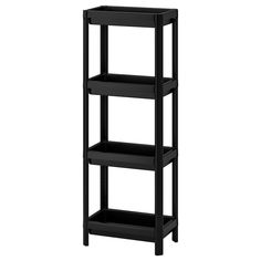 a black shelf with three shelves on each side