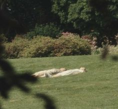 a person laying on the ground in a grassy field with trees and bushes behind them