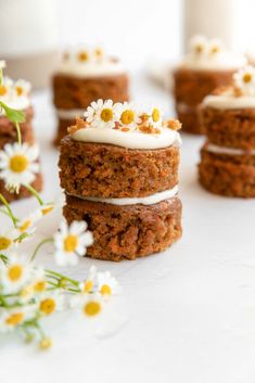 carrot cake with white frosting and daisies on the side, surrounded by other cakes