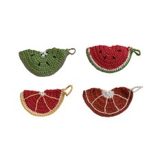 four pieces of fruit are shown in three different colors and sizes, each with a slice of watermelon