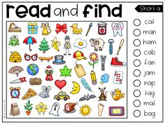 a printable worksheet with words and pictures to help students learn how to read