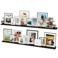 two black shelves with pictures and frames on them, one shelf is filled with photos