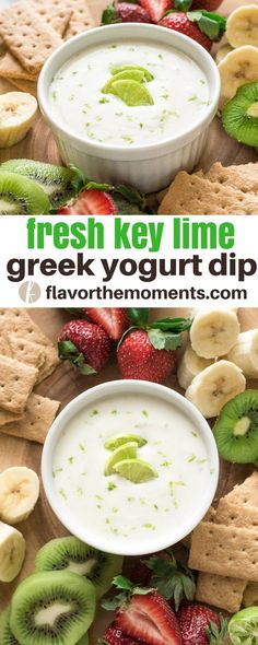 fresh key lime greek yogurt dip with strawberries and kiwis on the side