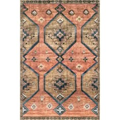 an orange, blue and brown rug with geometric designs on the bottom half of it