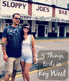 a man and woman standing next to each other in front of a store with the words 5 things to do in key west