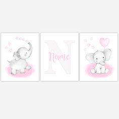 three pink and white nursery prints with an elephant