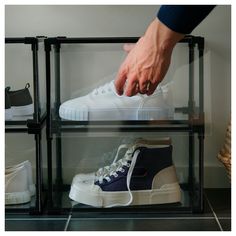 This transparent shoe box is perfect if you want to take a little extra care of your sneakers – and show them off. Stack several boxes on top of each other to enjoy a good overview of your favourites. Shoe Box Organizer, Ikea Shoe, Home Shopping List, Workspace Ideas, Home Must Haves