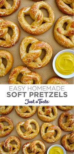 Top image: A close-up view of homemade soft pretzels topped with salt next to a small bowl containing mustard. Bottom image: A top-down view of soft pretzels. Pretzel Recipe, Pretzel Crust, Homemade Pretzels, Homemade Soft Pretzels, Soft Pretzel, Oreo Dessert