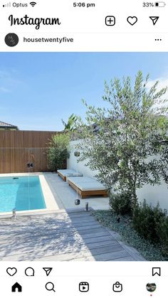 the instagram page shows an outdoor pool and deck area with wooden fence, trees, and