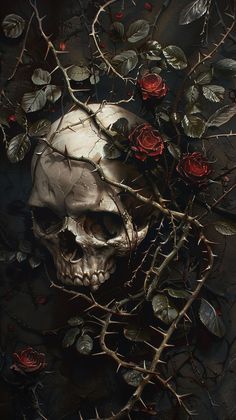 a painting of a skull surrounded by branches and roses on a black background with red flowers