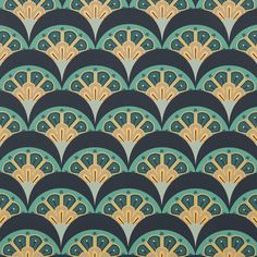 an art deco style wallpaper with blue and gold fan shaped designs on black background