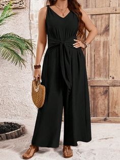 Black Casual Collar Sleeveless Fabric Plain Wide Leg Embellished Non-Stretch  Women Plus Clothing Manche, Solid Color Jumpsuits, Plus Size Jumpsuits, Plus Size Jumpsuit, Kids Sleepwear, Wide Leg Jumpsuit, Black Jumpsuit, Kids Beachwear, Black Casual