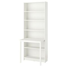 a white bookcase with two shelves and one shelf on the bottom, against a white background