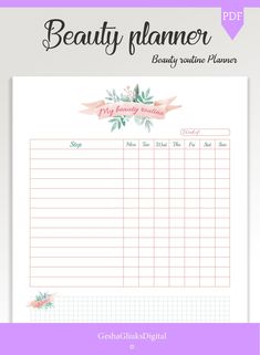 a printable beauty planner with pink flowers and leaves on the top, in front of a