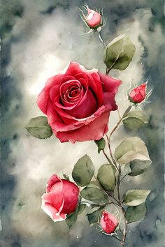 Digital Watercolor Red Rose Rose Painting Watercolor, Red Rose Watercolor, Red Rose Painting, Vine Drawing, Arte Aesthetic, Rose Sketch, Roses Art, Rose Watercolor, Hyper Realistic Paintings