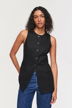 Leo | Long Line waistcoat in Black Linen | ALIGNE Waistcoat Outfits, Fall 2021 Fashion Trends, Black Vest Outfit, Linen Waistcoat, Waistcoat Outfit, Long Waistcoat, Denim Waistcoat, Waistcoat Woman, 2021 Fashion Trends