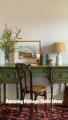 a desk with a chair, lamp and pictures on the wall