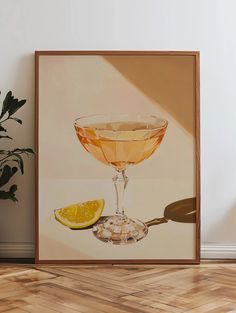 a painting of a glass of wine and a slice of lemon