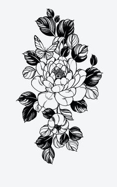 a black and white drawing of flowers with leaves on the bottom half of each flower