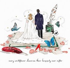 a watercolor painting of a couple on their wedding day