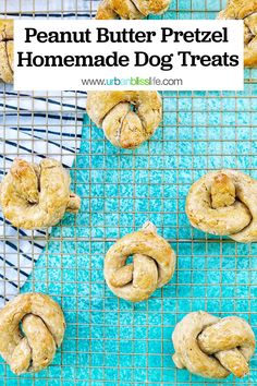 peanut butter pretzel homemade dog treats on a cooling rack with text overlay