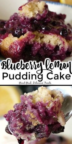 blueberry lemon pudding cake on a white plate with a spoon in the foreground