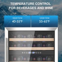 an appliance showing the temperature control for beverage and wine bottles in front of snow covered mountains