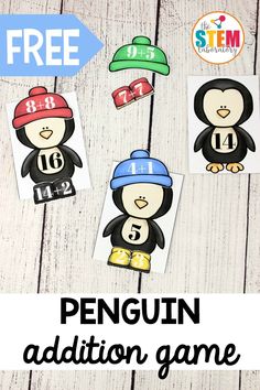 penguin addition game with free printables for kids to practice numbers and counting skills