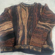 Beautiful Coogi Sweater With Brown Tone. Size Small Chunky Grandpa Sweater, Crochet Zip Up Sweater, Dark Brown Sweater Outfit, Quilt Sweater, Funky Sweaters, Green Granny Square, Western Sweater, Western Sweaters, Square Sweater