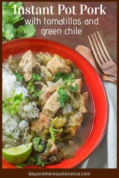 instant pot pork with tomatoes and green chile on a red plate next to a fork