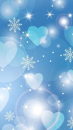 snowflakes and hearts against a blue background