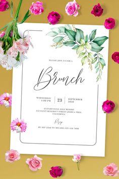 a floral brunch party with pink flowers and greenery on the bottom corner