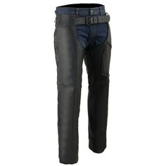 a pair of black leather pants with blue jeans on the bottom and one leg in front