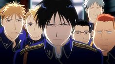 an anime scene with many men in uniform and one man looking at the camera, all wearing glasses