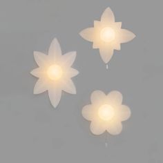 three flower shaped lights are hanging on the wall, and one light is turned off