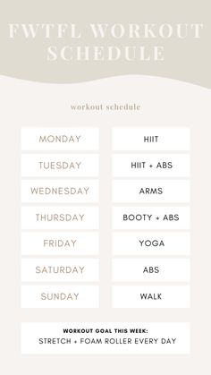 the workout schedule is shown in white and gray with an image of a woman's body